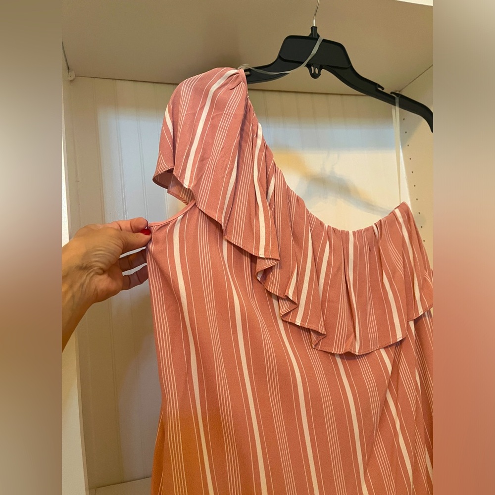 Le Kate | Rose Pink & White Vertical Stripped One Shoulder Dress | M | NWT - Picture 3 of 8
